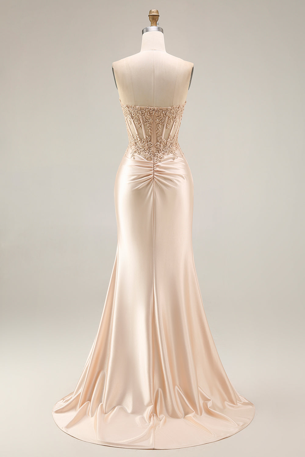 Champagne Beaded Sparkly Corset Ruched Floral Appliqued Mermaid Long Prom Dress with Slit