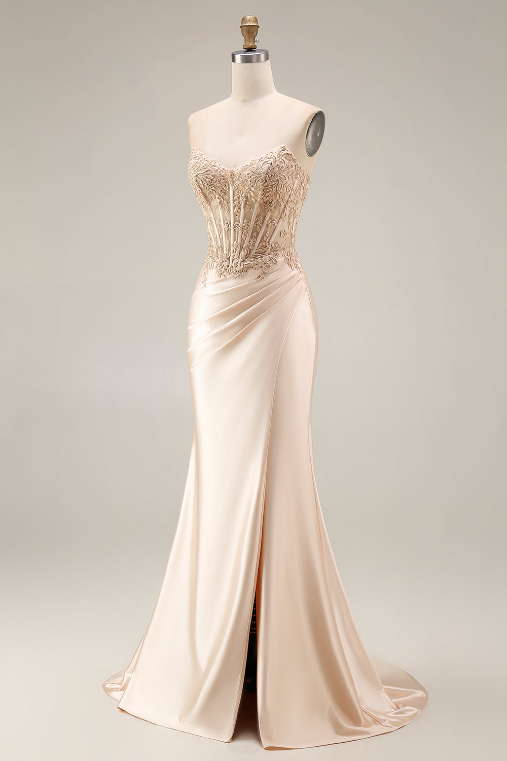 Champagne Beaded Sparkly Corset Ruched Floral Appliqued Mermaid Long Prom Dress with Slit