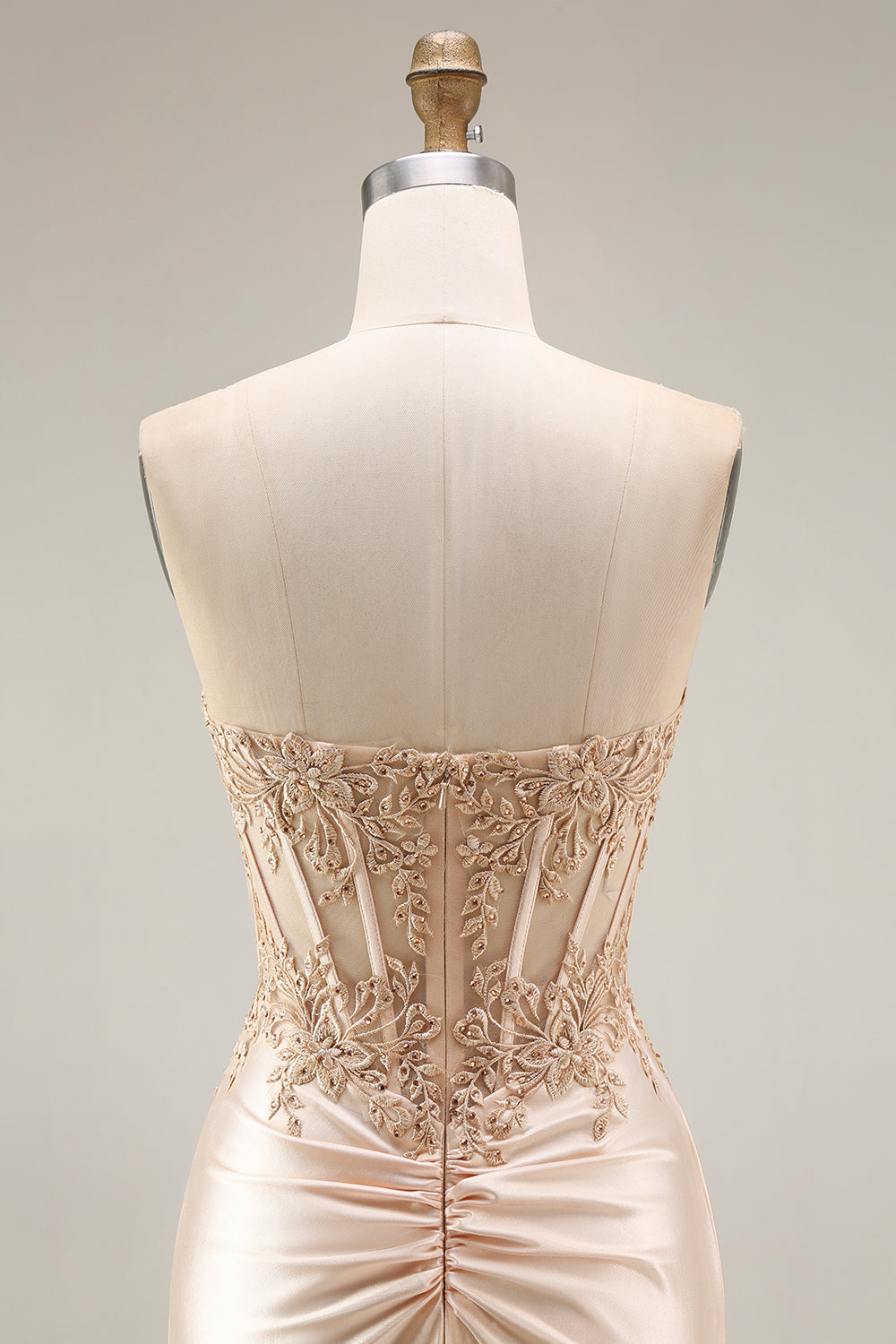 Champagne Beaded Sparkly Corset Ruched Floral Appliqued Mermaid Long Prom Dress with Slit