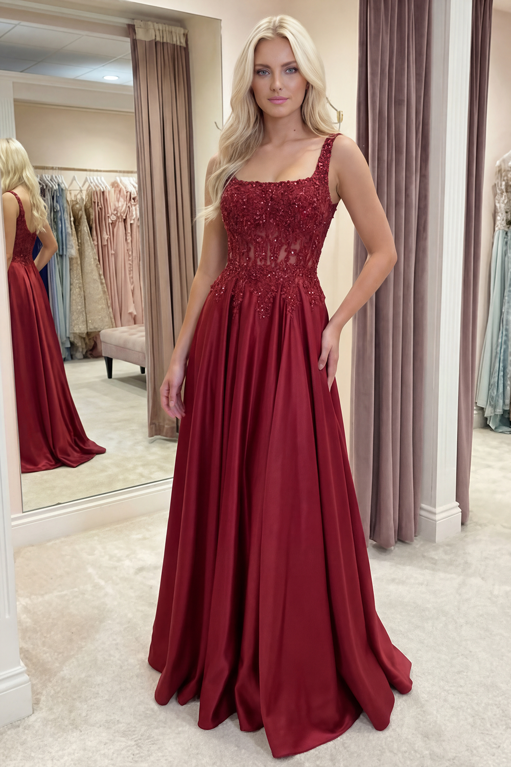 Burgundy Corset Square Neck A Line Floral Long Prom Dress