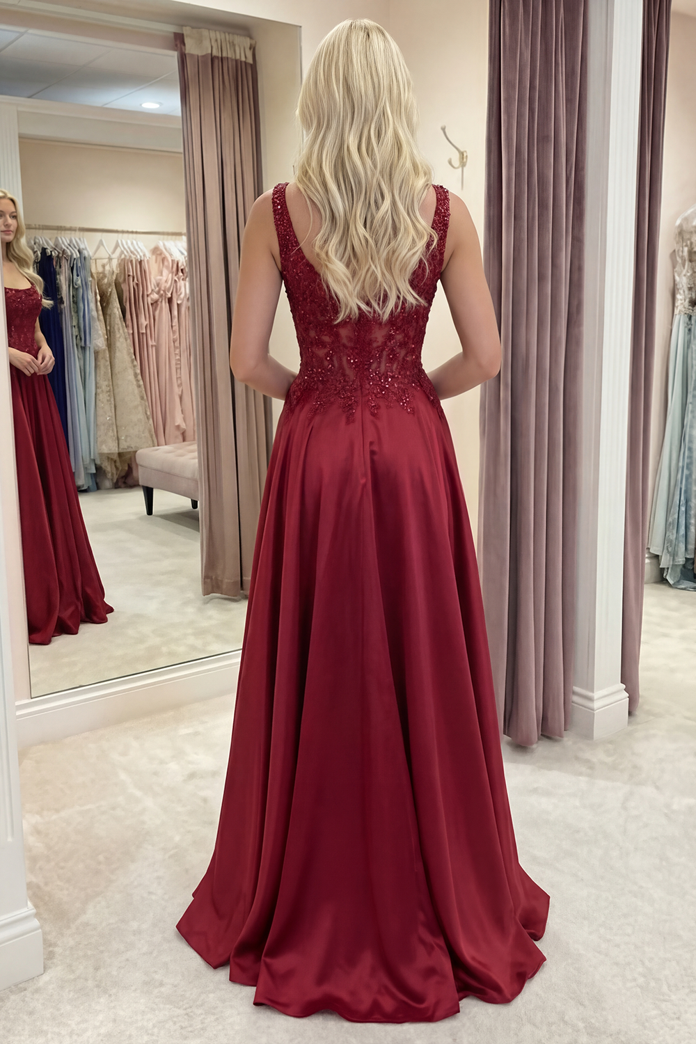 Burgundy Corset Square Neck A Line Floral Long Prom Dress