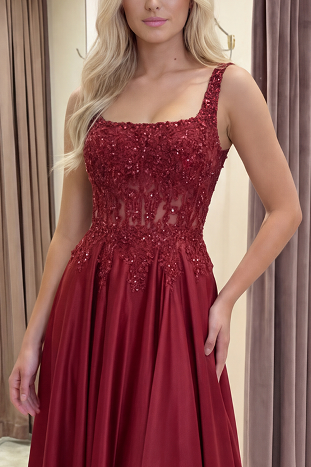 Burgundy Corset Square Neck A Line Floral Long Prom Dress