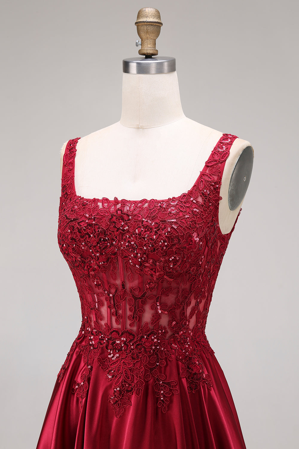 Burgundy Corset Square Neck A Line Floral Long Prom Dress