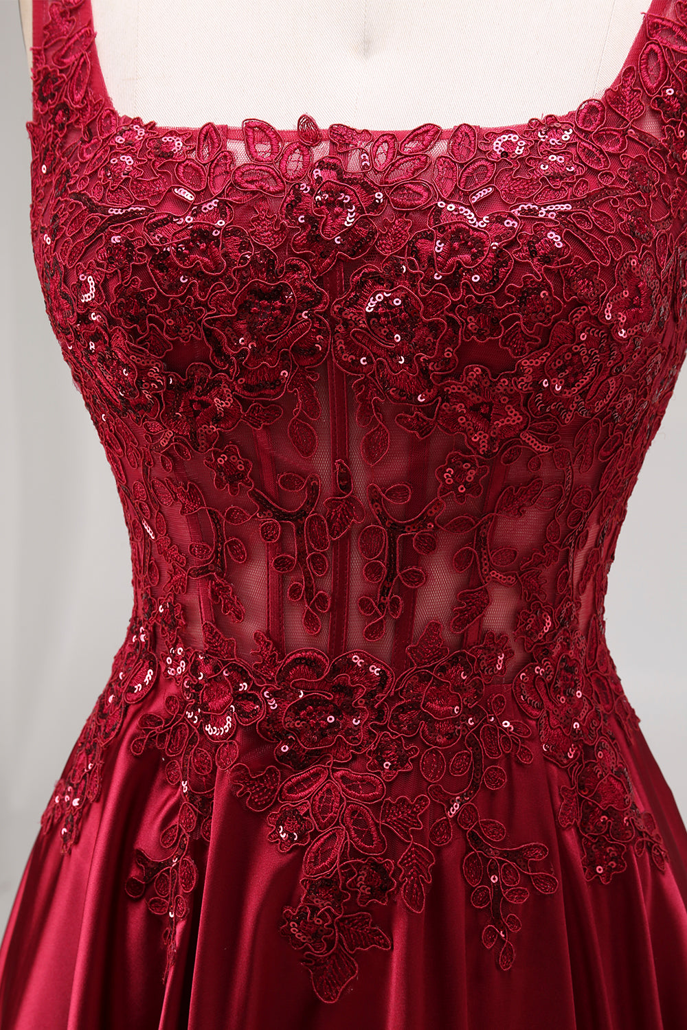 Burgundy Corset Square Neck A Line Floral Long Prom Dress