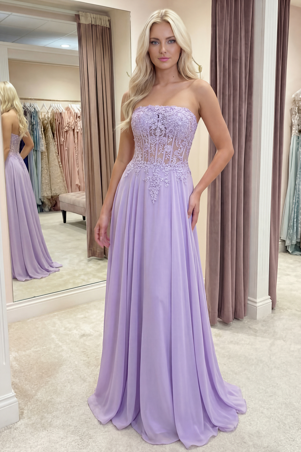 Sparkly Lilac Corset Strapless A Line Floral Beaded Long Prom Dress with Appliques