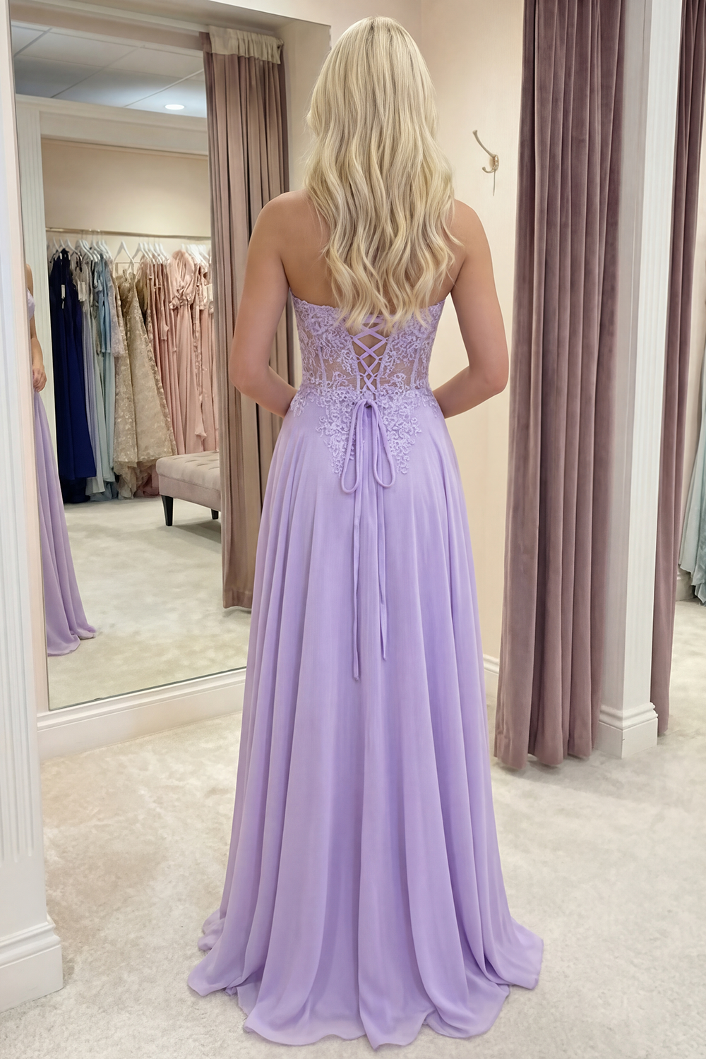 Sparkly Lilac Corset Strapless A Line Floral Beaded Long Prom Dress with Appliques