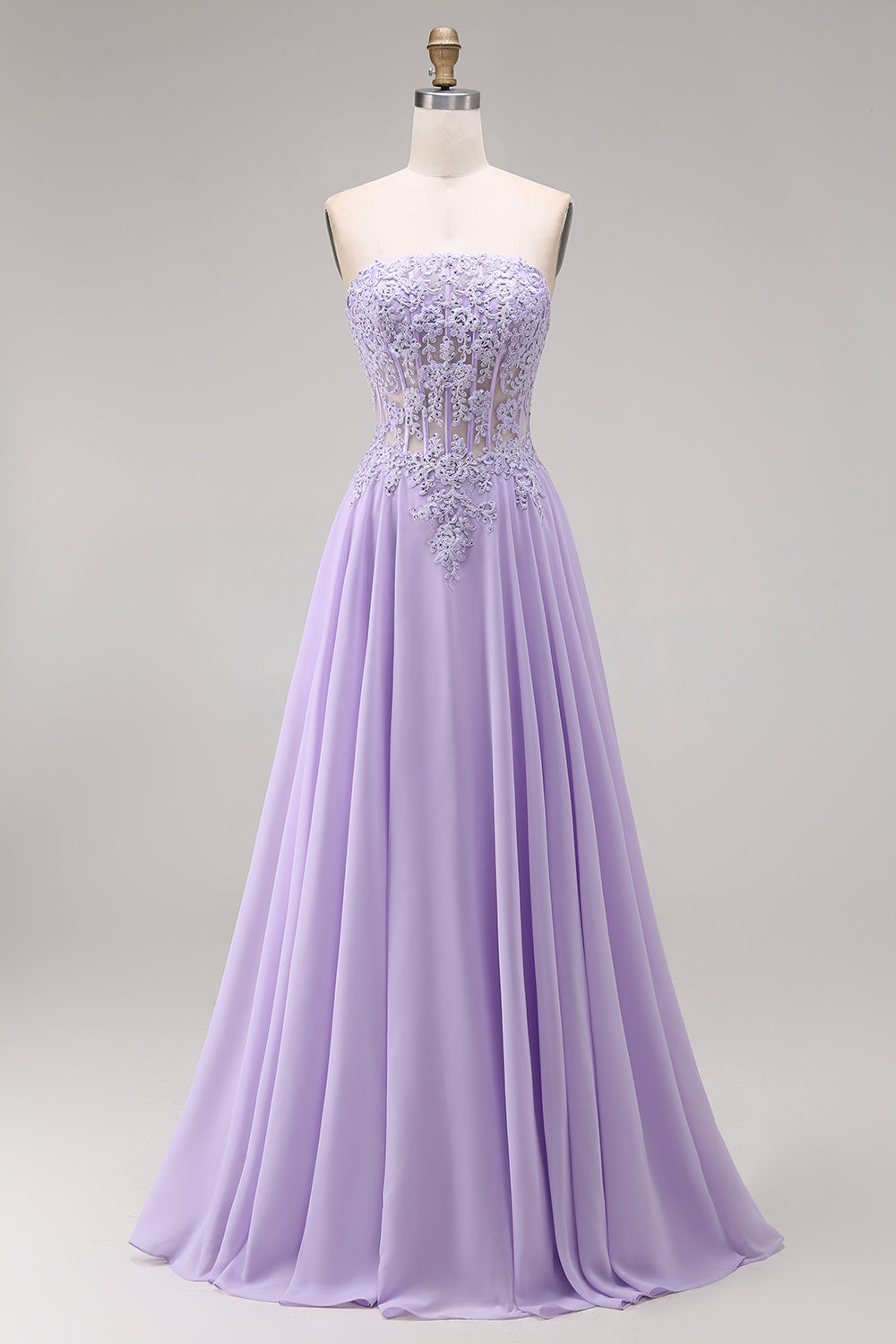 Sparkly Lilac Corset Appliqued Strapless A Line Floral Beaded Long Prom Dress