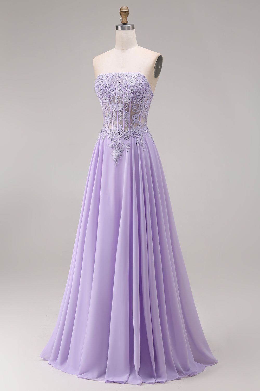 Sparkly Lilac Corset Appliqued Strapless A Line Floral Beaded Long Prom Dress