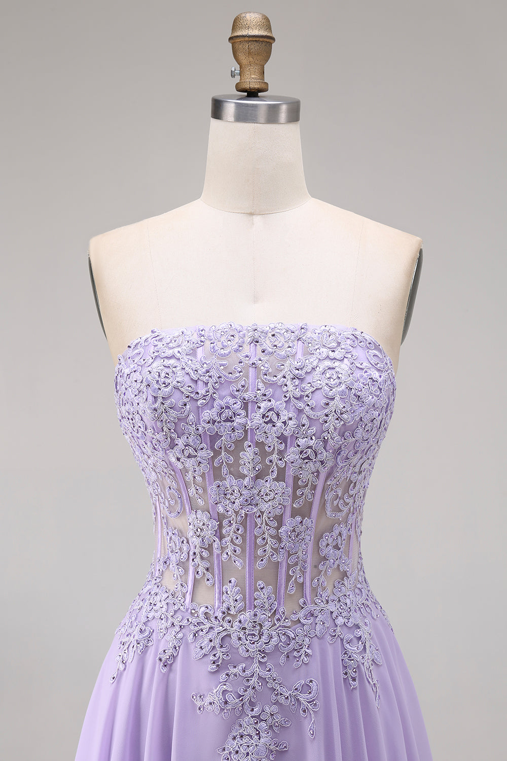 Sparkly Lilac Corset Appliqued Strapless A Line Floral Beaded Long Prom Dress