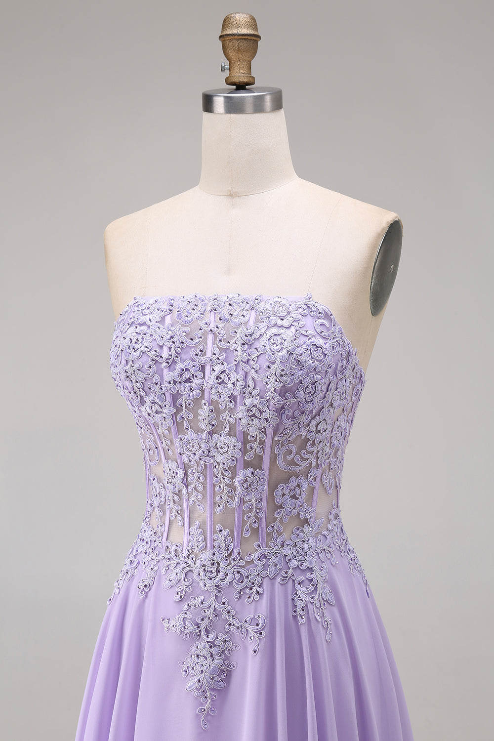 Sparkly Lilac Corset Appliqued Strapless A Line Floral Beaded Long Prom Dress