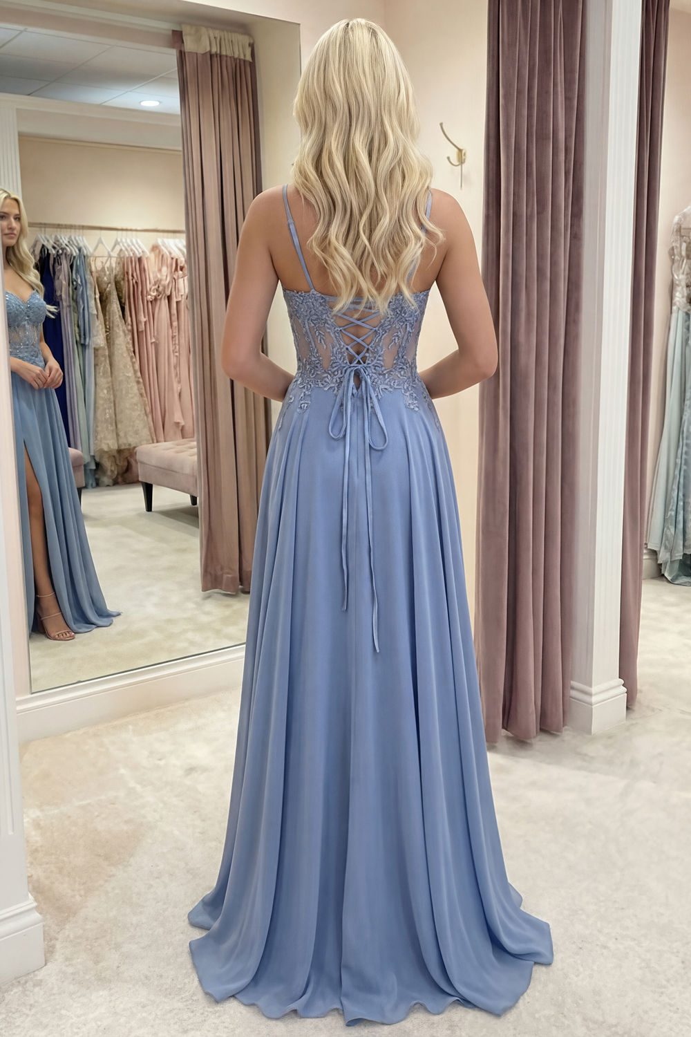 Sparkly Steel Blue Corset A Line Floral Long Appliqued Prom Dress with Slit