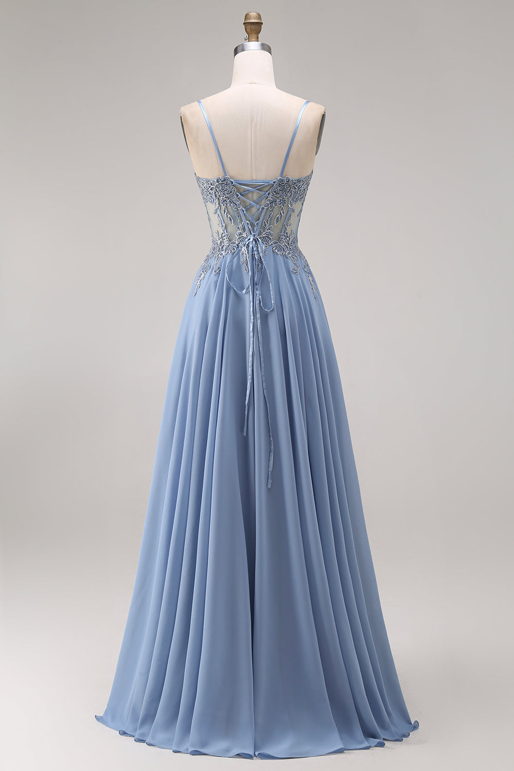 Sparkly Steel Blue Corset A Line Floral Long Appliqued Prom Dress with Slit