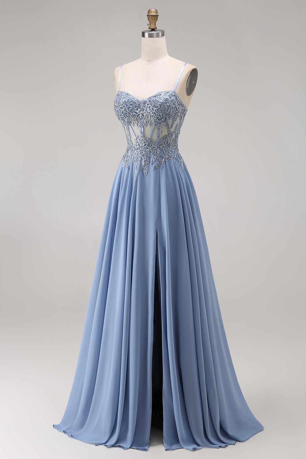 Sparkly Steel Blue Corset A Line Floral Long Appliqued Prom Dress with Slit