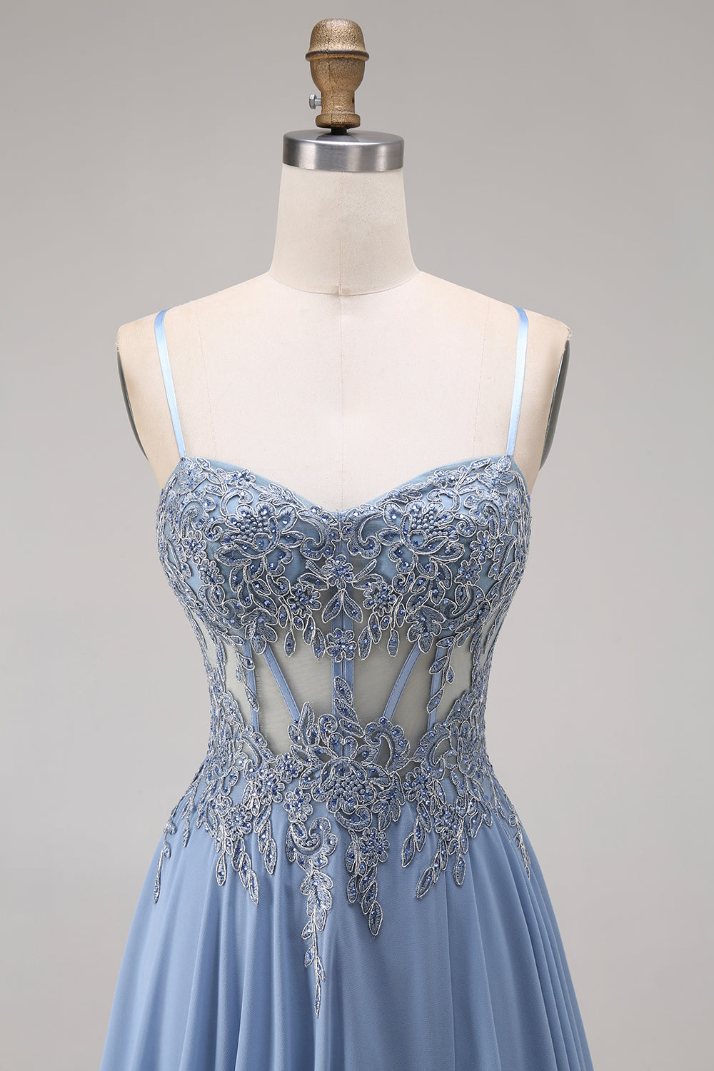 Sparkly Steel Blue Corset A Line Floral Long Appliqued Prom Dress with Slit
