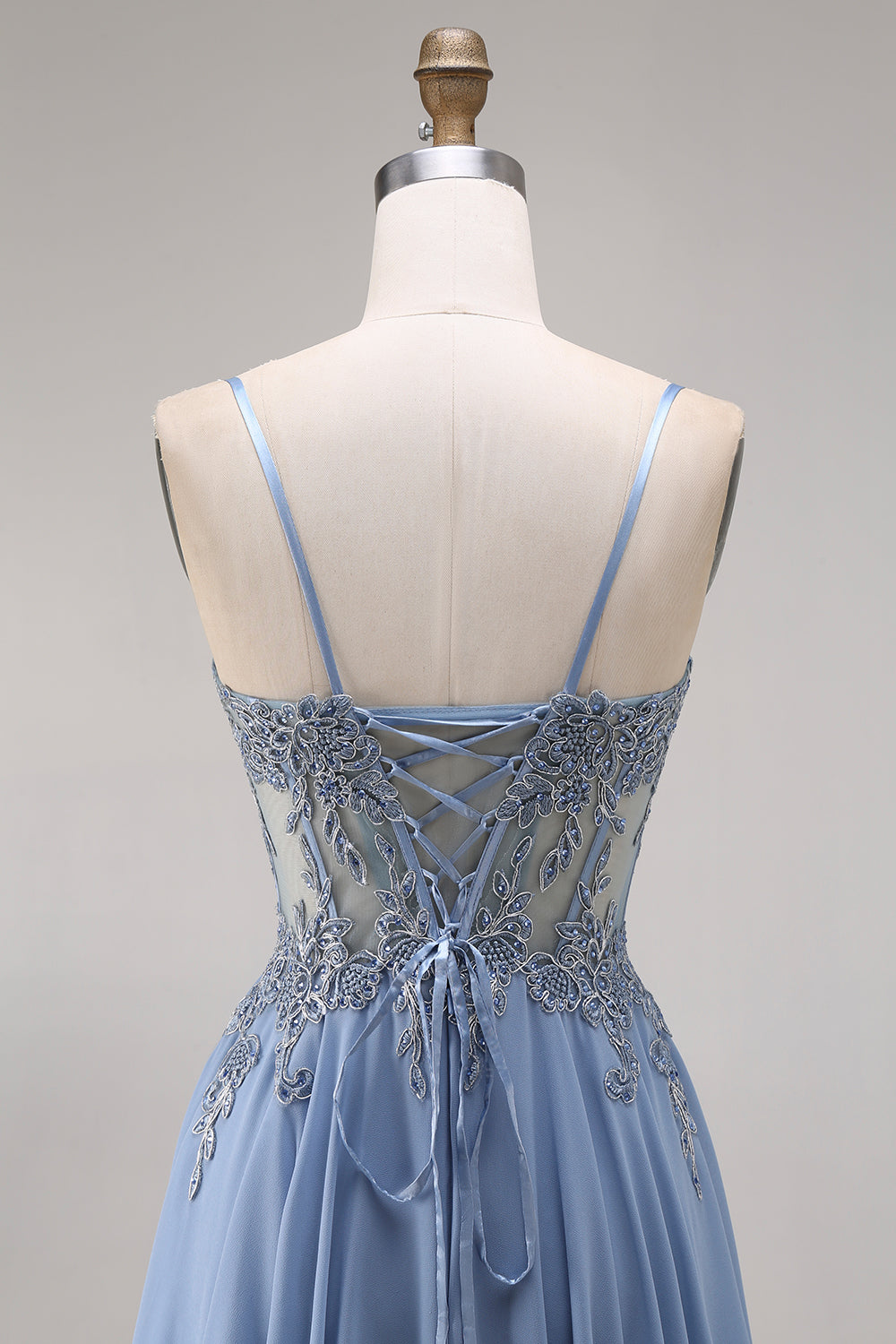 Sparkly Steel Blue Corset A Line Floral Long Appliqued Prom Dress with Slit