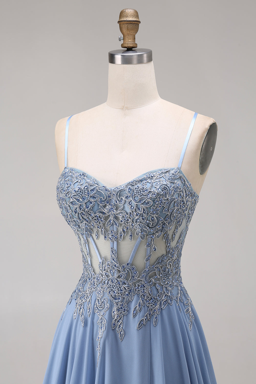 Sparkly Steel Blue Corset A Line Floral Long Appliqued Prom Dress with Slit