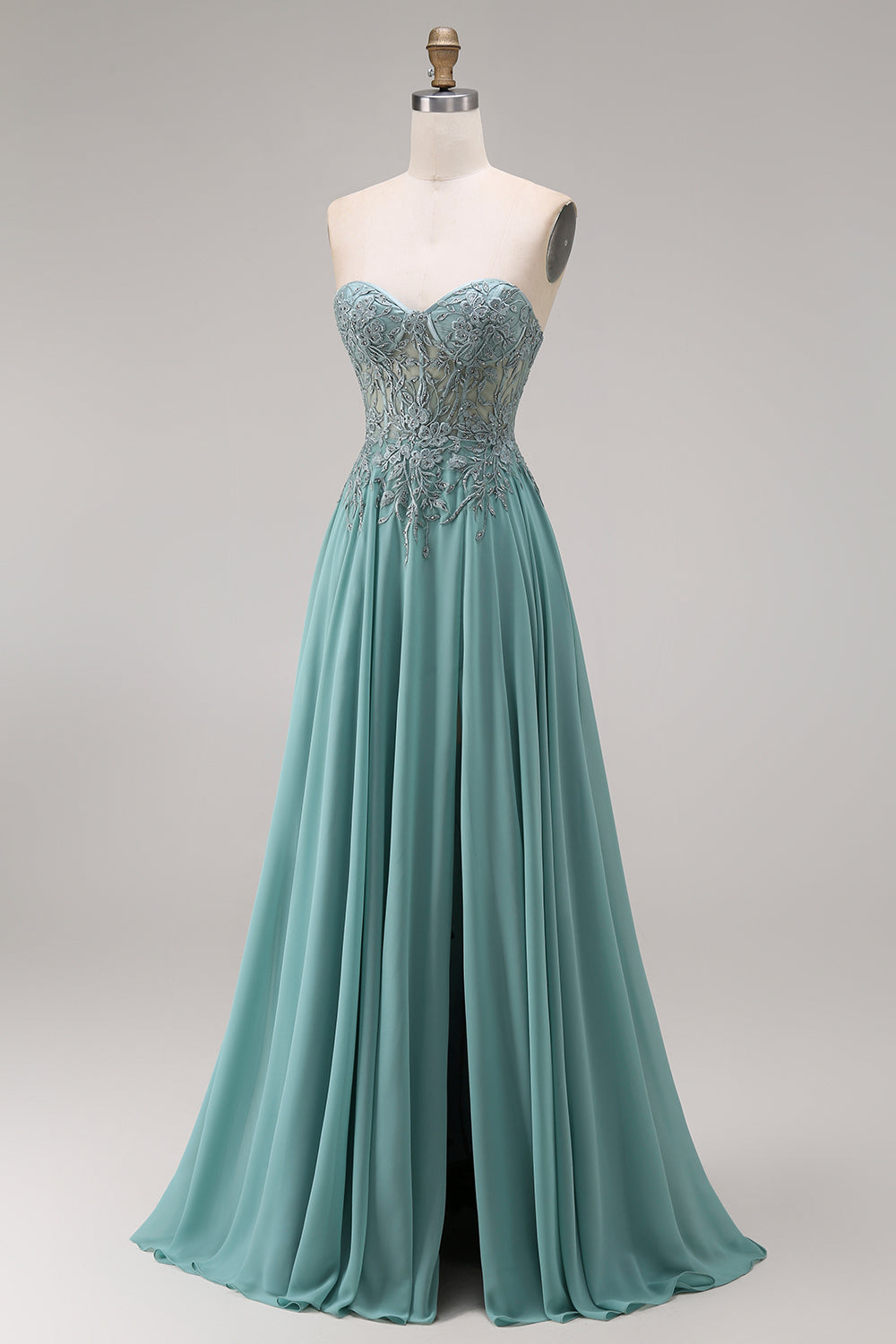 Sparkly ucalyptus Corset Appliqued Floral A Line ELong Prom Dress with Slit