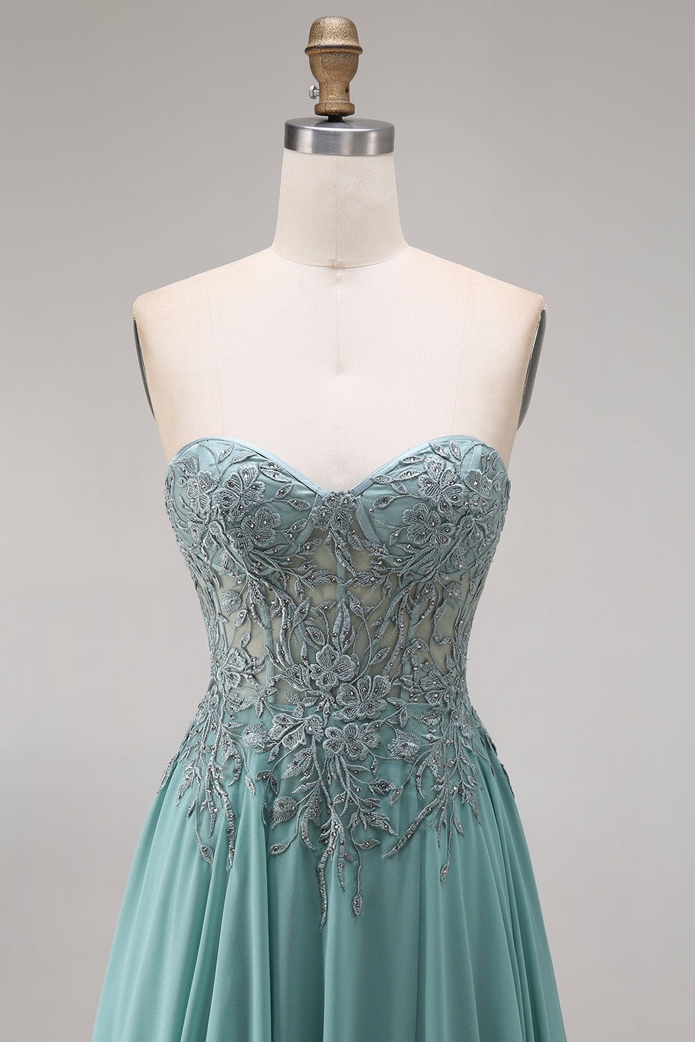 Sparkly ucalyptus Corset Appliqued Floral A Line ELong Prom Dress with Slit