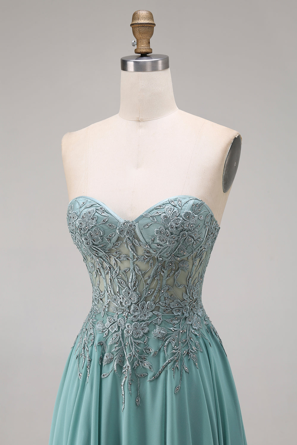 Sparkly ucalyptus Corset Appliqued Floral A Line ELong Prom Dress with Slit