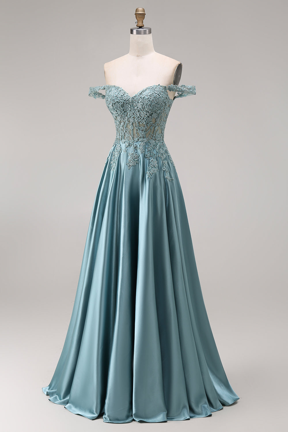 Sparkly Agave A Line Corset Satin Appliqued Floral Long Prom Dress with Beading