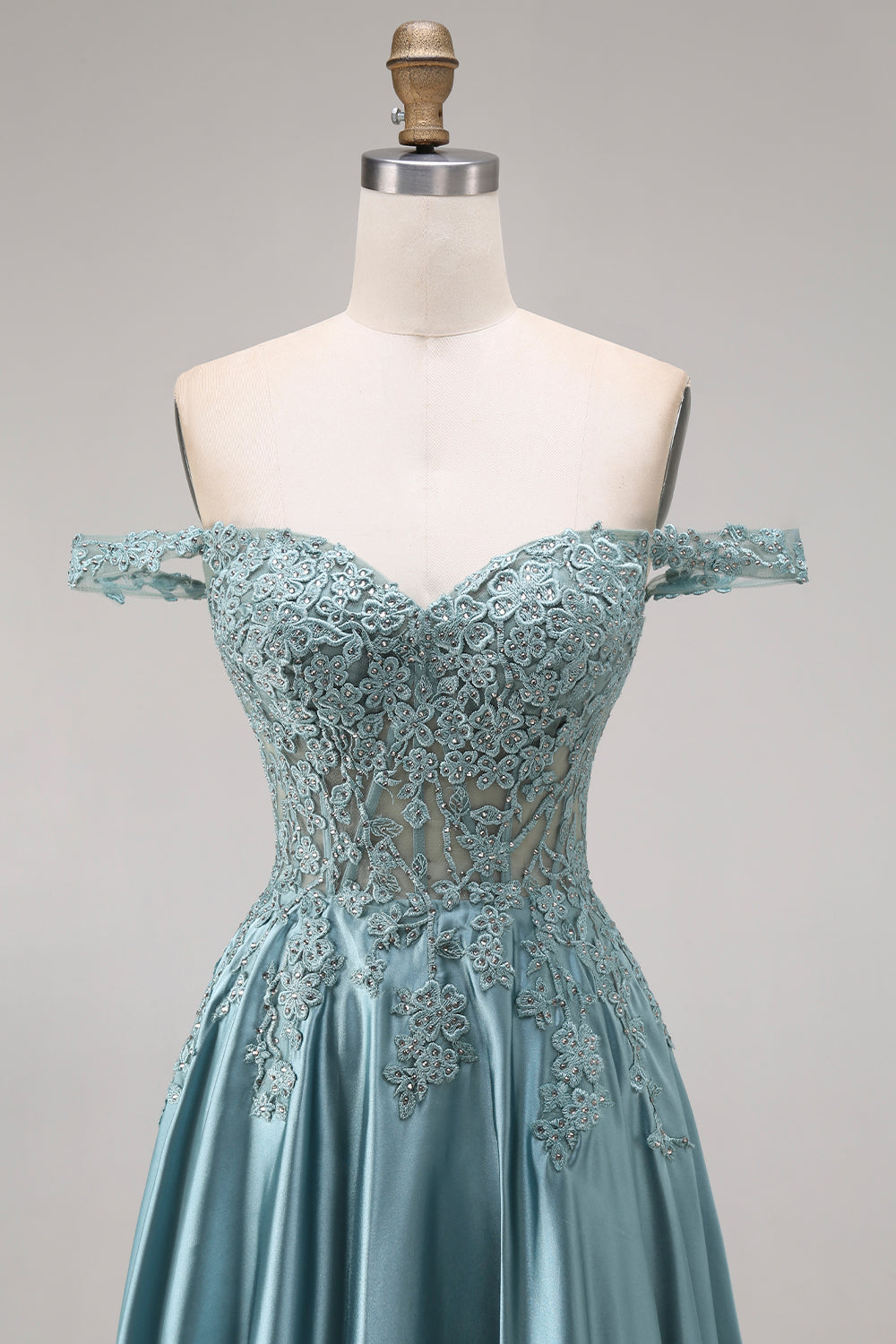 Sparkly Agave A Line Corset Satin Appliqued Floral Long Prom Dress with Beading