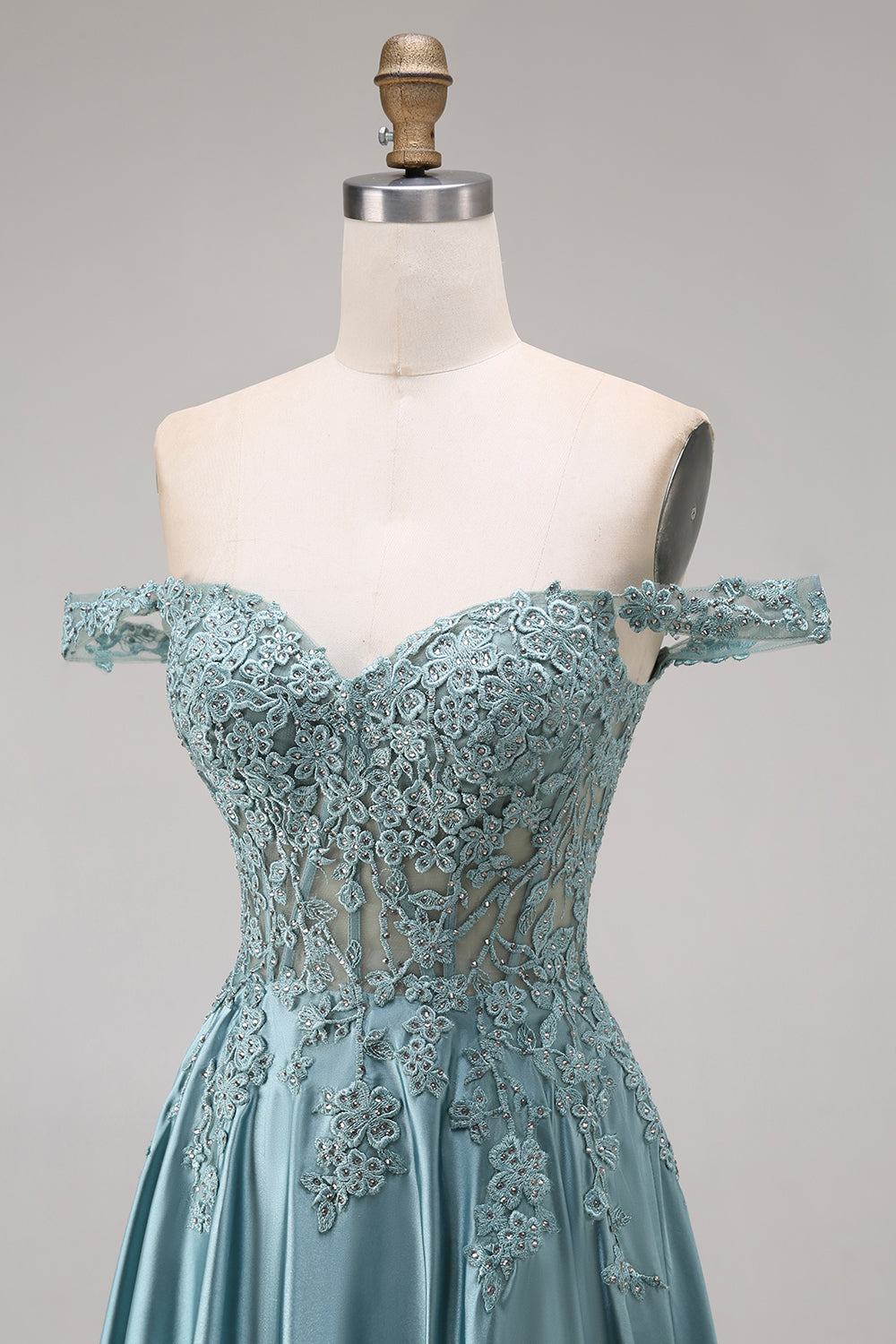 Sparkly Agave A Line Corset Satin Appliqued Floral Long Prom Dress with Beading