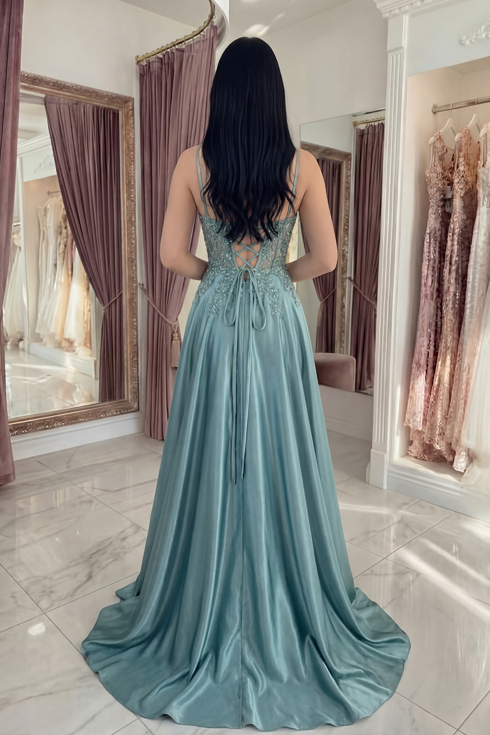 Sparkly Agave Spaghetti Straps Corset A Line Appliqued Floral Long Prom Dress with Sequins