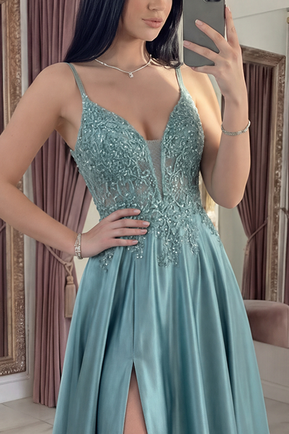 Sparkly Agave Spaghetti Straps Corset A Line Appliqued Floral Long Prom Dress with Sequins