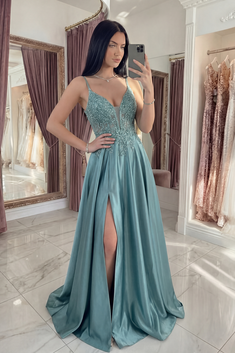 Sparkly Agave Spaghetti Straps Corset A Line Appliqued Floral Long Prom Dress with Sequins