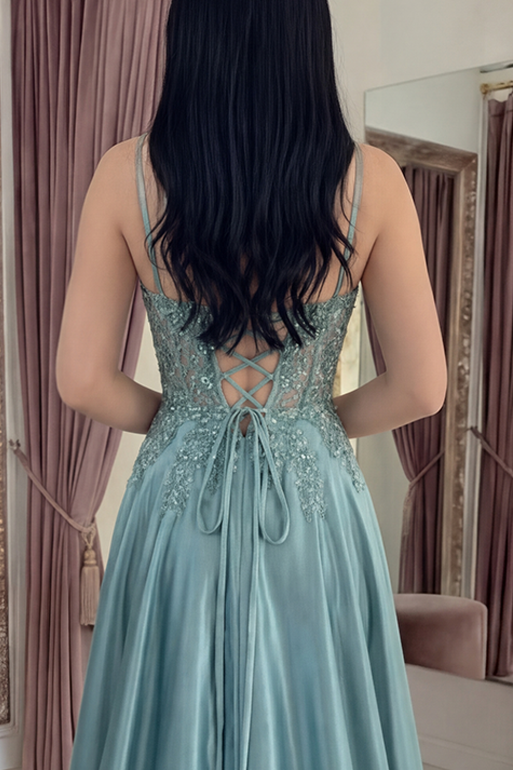 Sparkly Agave Spaghetti Straps Corset A Line Appliqued Floral Long Prom Dress with Sequins