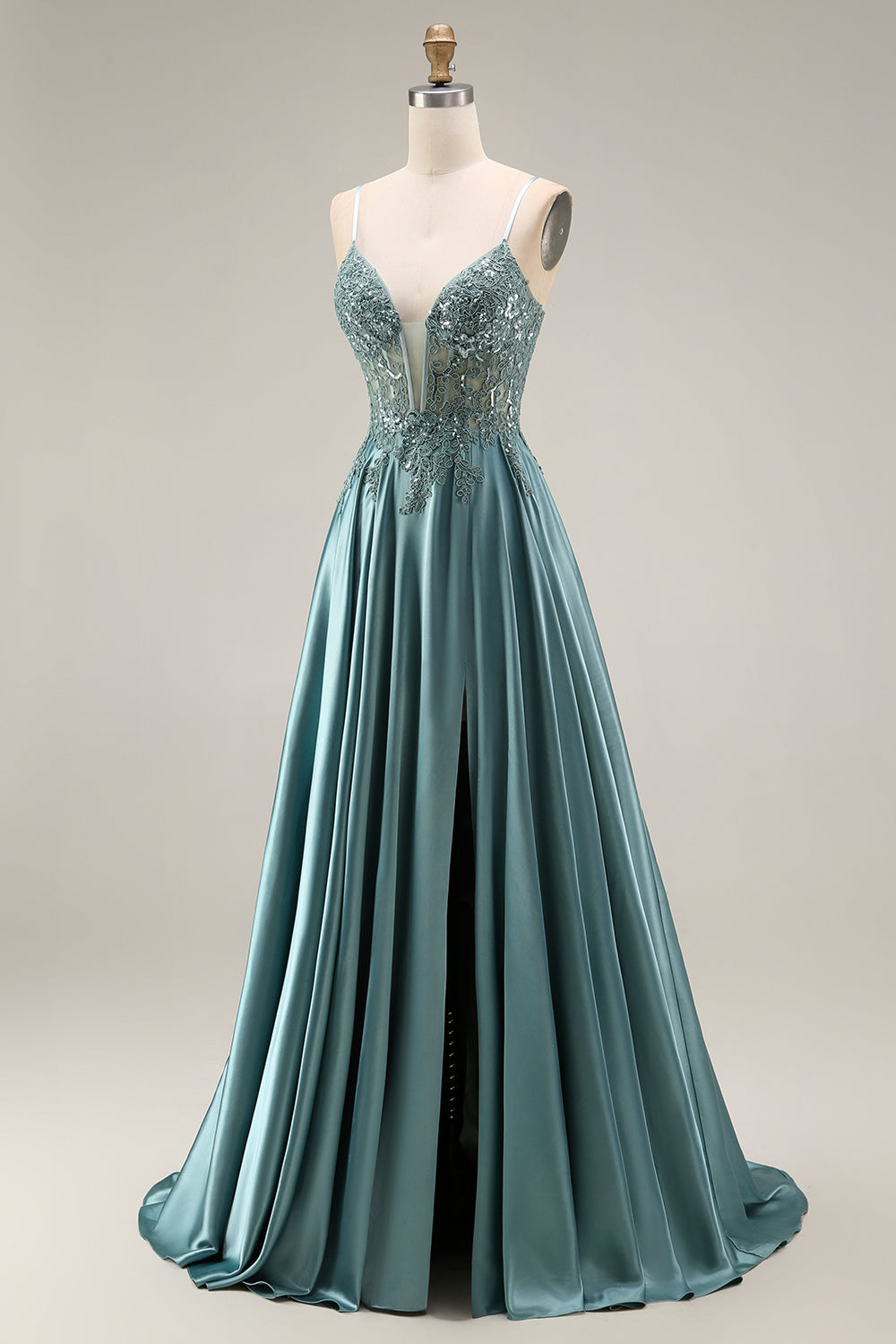 Sparkly Agave Spaghetti Straps Corset A Line Appliqued Floral Long Prom Dress with Sequins