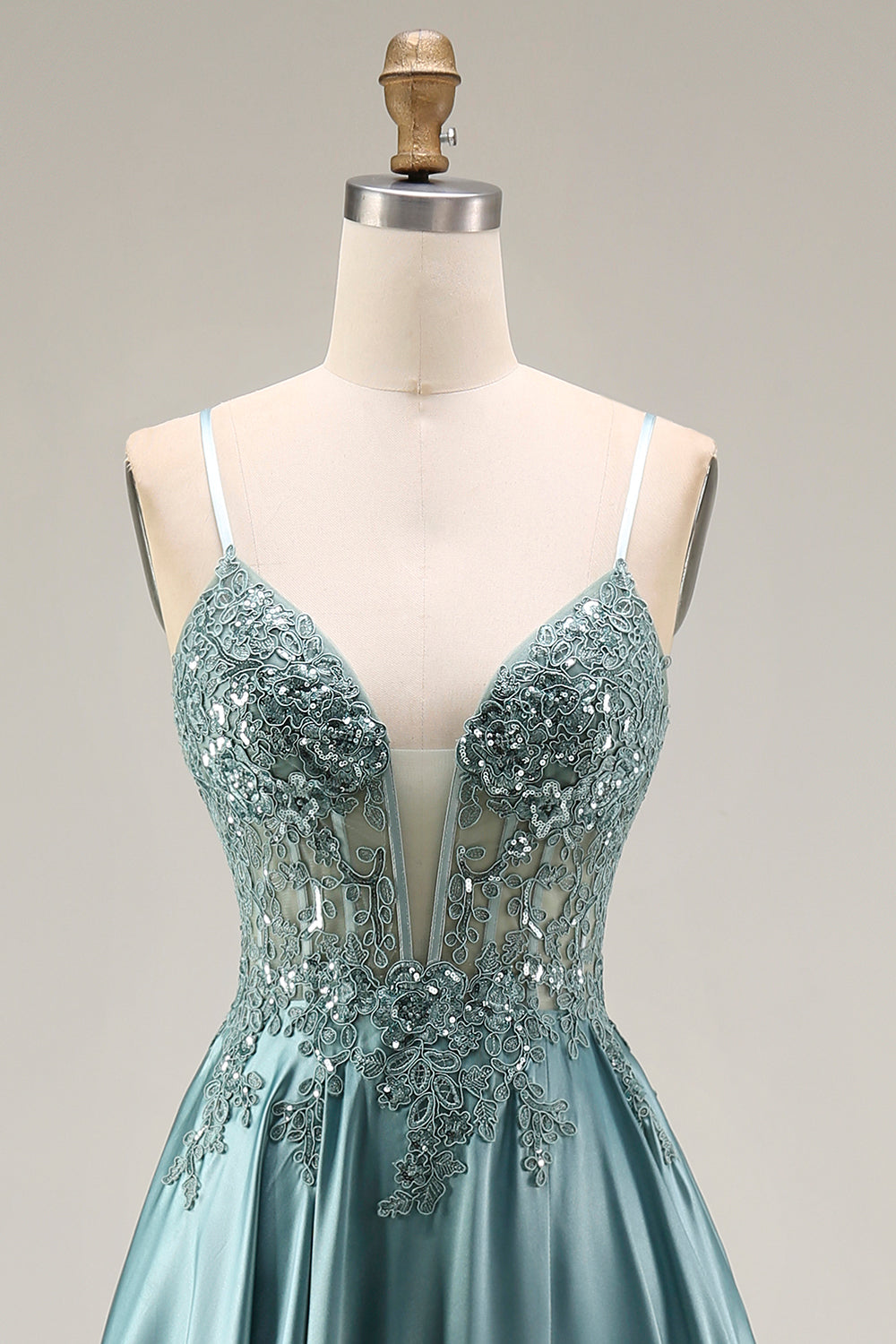 Sparkly Agave Spaghetti Straps Corset A Line Appliqued Floral Long Prom Dress with Sequins