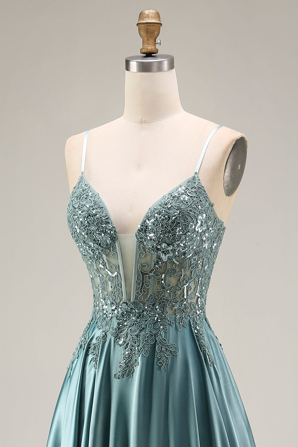 Sparkly Agave Spaghetti Straps Corset A Line Appliqued Floral Long Prom Dress with Sequins