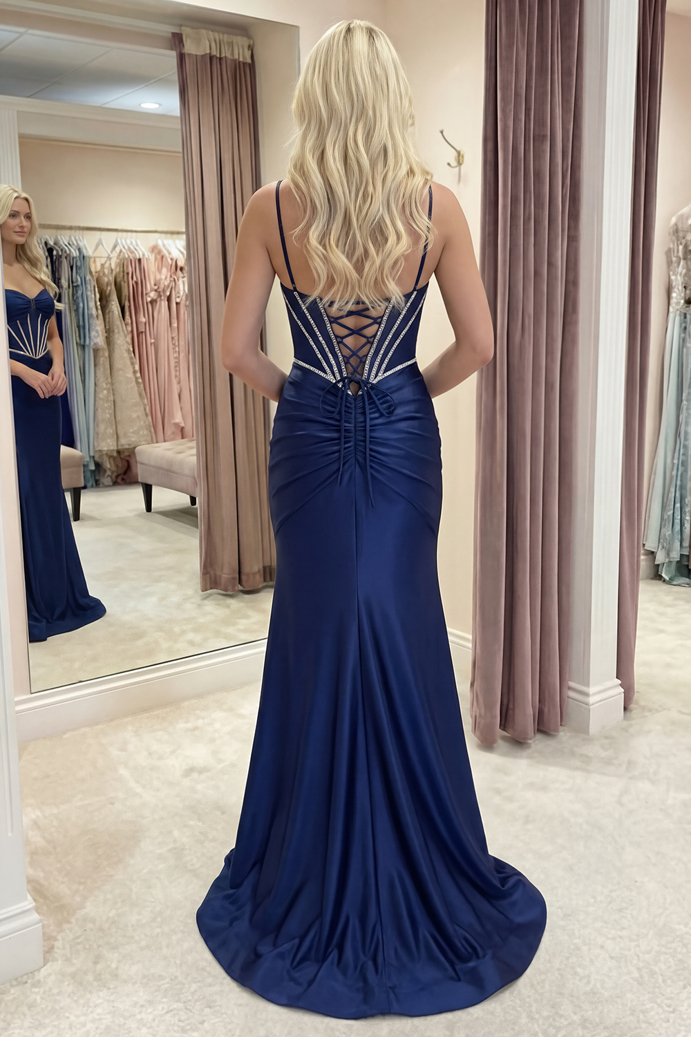 Navy Sparkly Corset Mermaid Beaded Spaghetti Straps Long Prom Dress with Slit