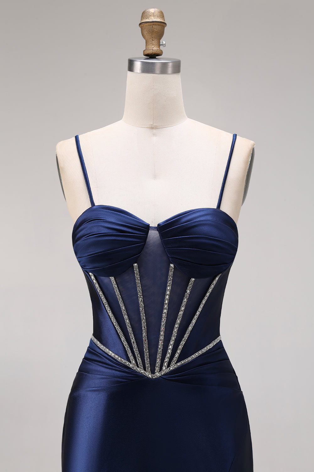 Navy Sparkly Corset Mermaid Beaded Spaghetti Straps Long Prom Dress with Slit