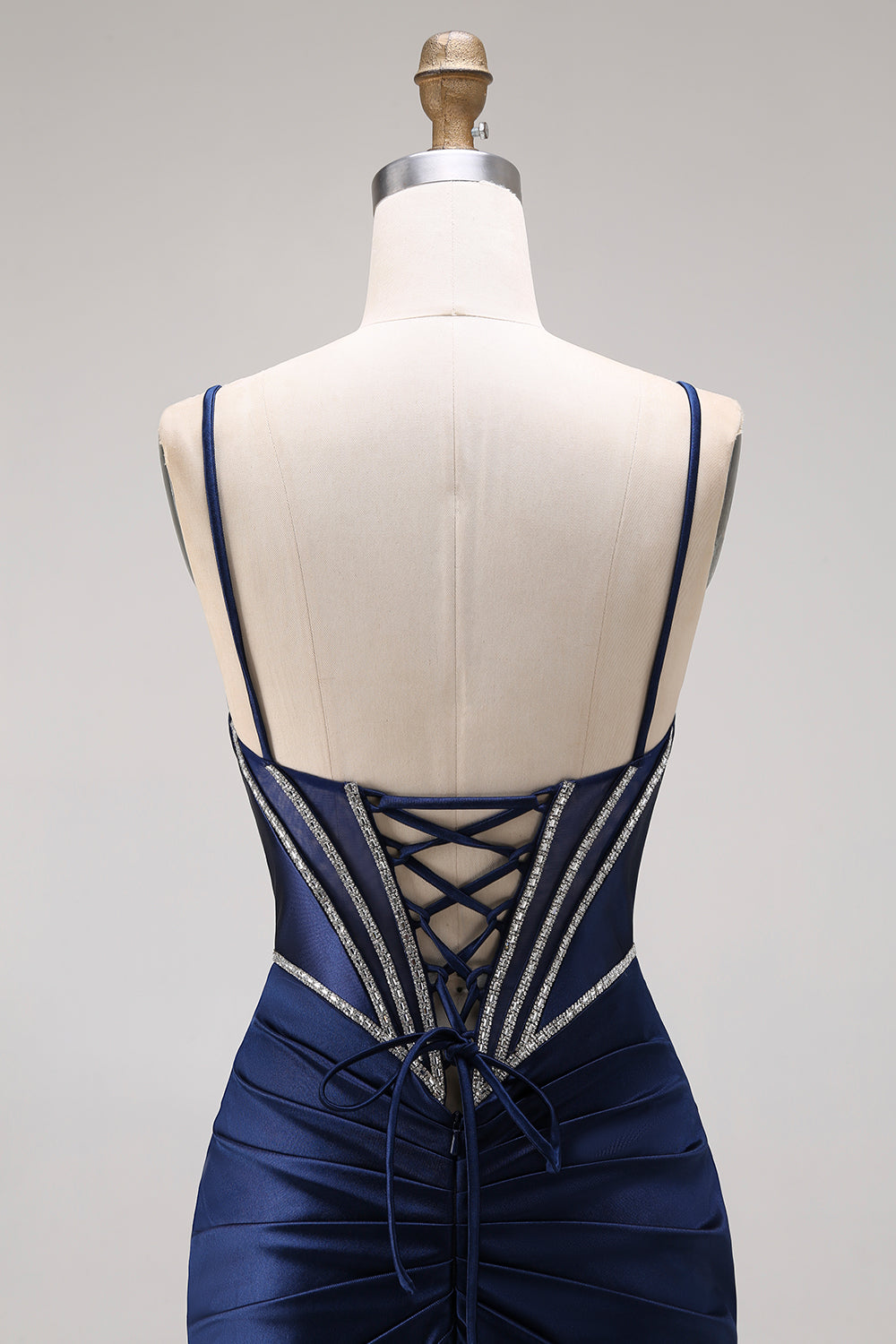 Navy Sparkly Corset Mermaid Beaded Spaghetti Straps Long Prom Dress with Slit