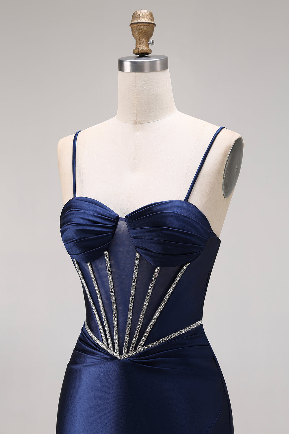 Navy Sparkly Corset Mermaid Beaded Spaghetti Straps Long Prom Dress with Slit