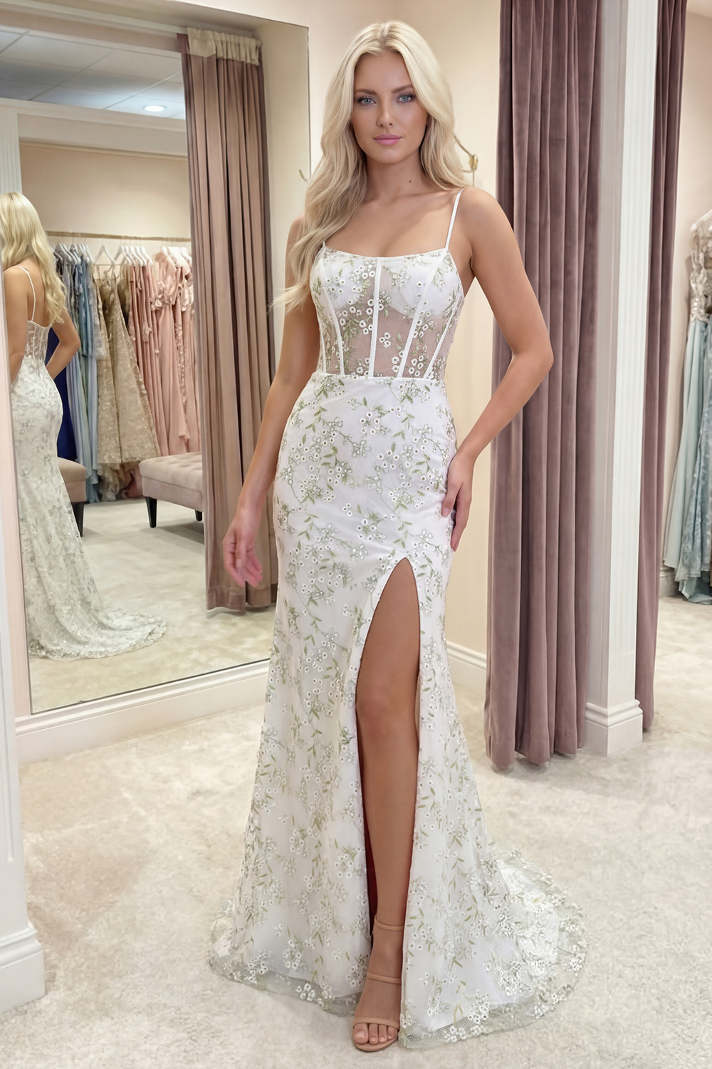 White Green Flower Corset Spaghetti Straps Mermaid Long Prom Dress with Slit