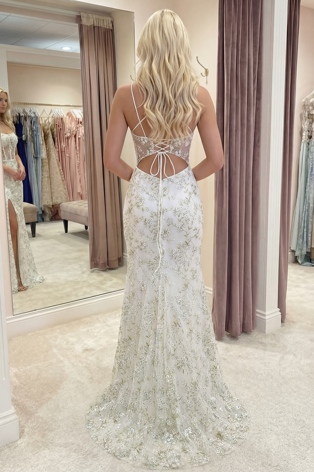 White Green Flower Corset Spaghetti Straps Mermaid Long Prom Dress with Slit