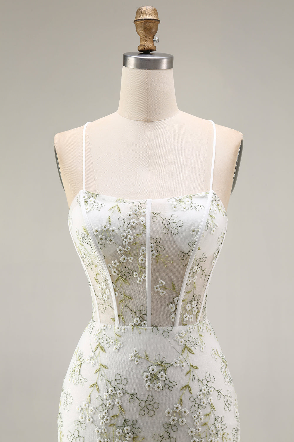 White Green Flower Corset Spaghetti Straps Mermaid Long Prom Dress with Slit
