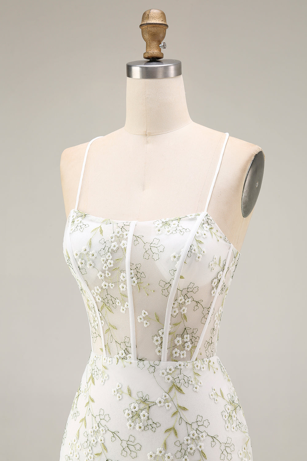 White Green Flower Corset Spaghetti Straps Mermaid Long Prom Dress with Slit