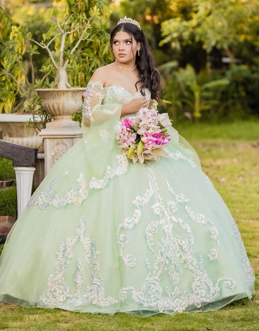 Sparkly Green Off the Shoulder Sequin Flutter SleevesPrincess Long Quinceanera Dress