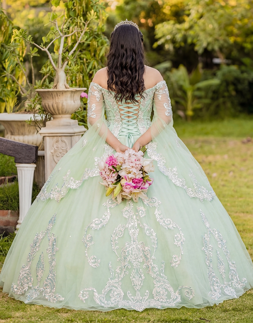 Sparkly Green Off the Shoulder Sequin Flutter SleevesPrincess Long Quinceanera Dress