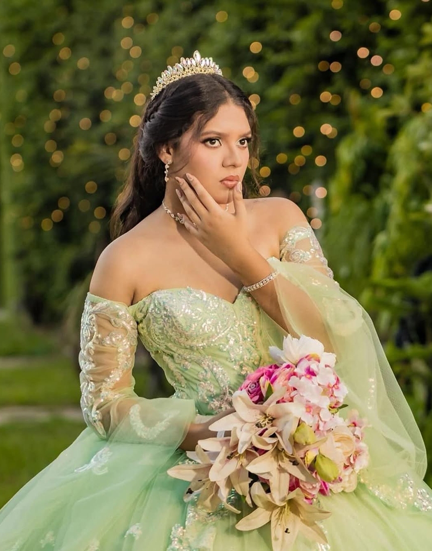 Sparkly Green Off the Shoulder Sequin Flutter SleevesPrincess Long Quinceanera Dress