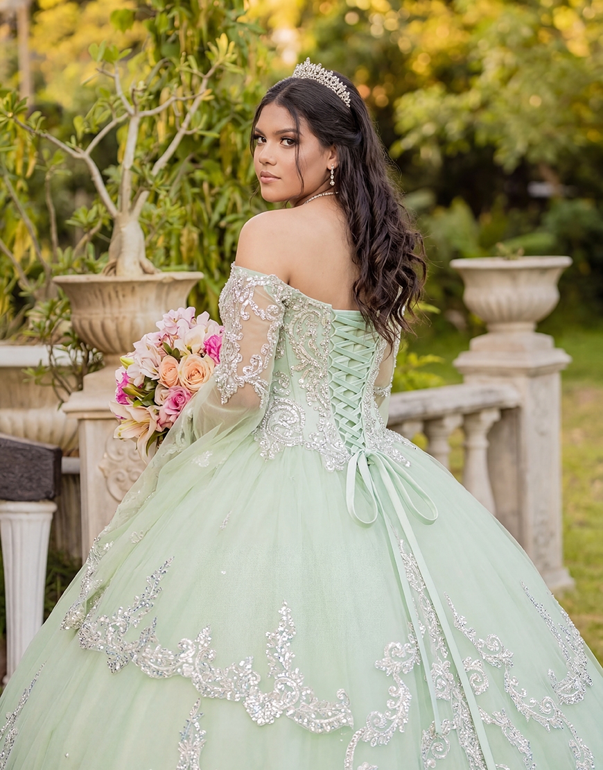 Sparkly Green Off the Shoulder Sequin Flutter SleevesPrincess Long Quinceanera Dress
