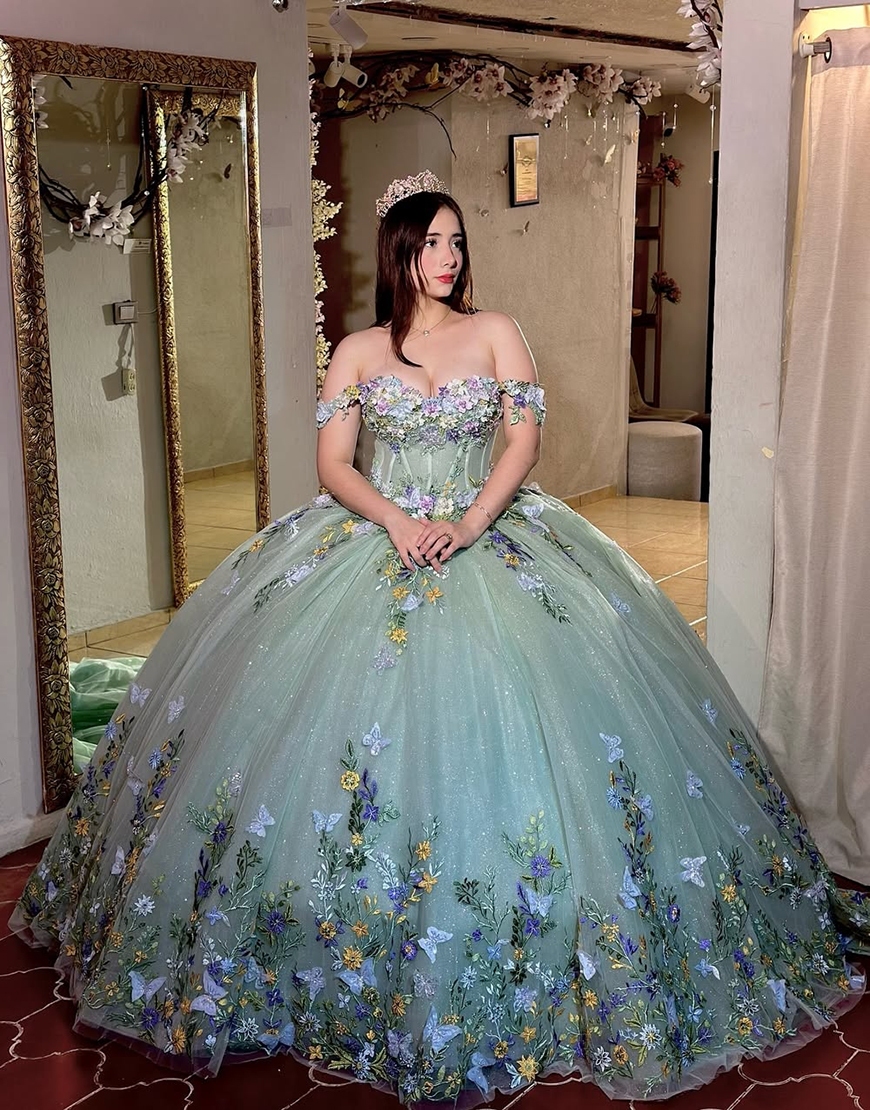 Glitter Green Floral Corset Princess Off the Shoulder Long Quinceanera Dress with Appliques