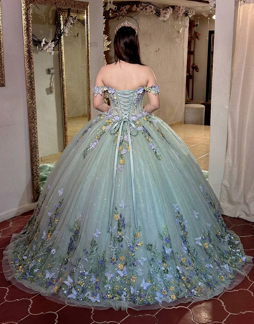 Glitter Green Floral Corset Princess Off the Shoulder Long Quinceanera Dress with Appliques