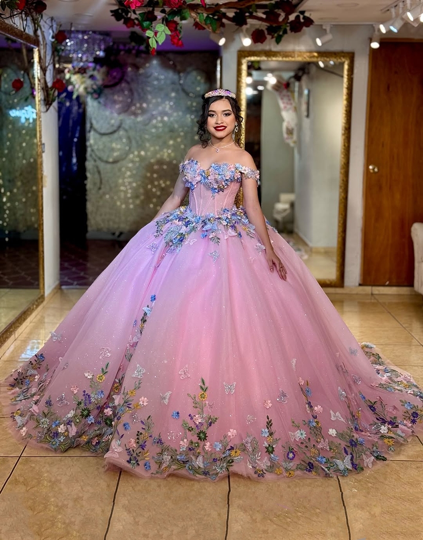 Glitter Green Floral Corset Princess Off the Shoulder Long Quinceanera Dress with Appliques