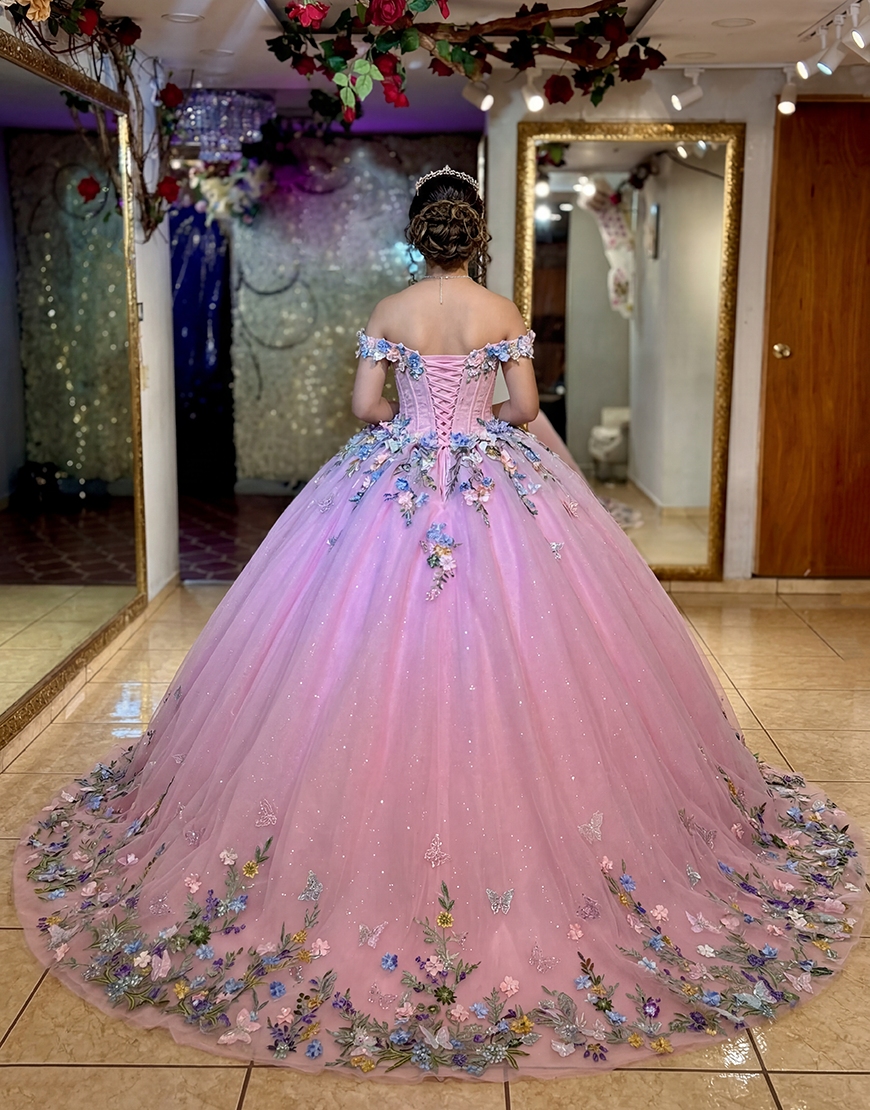 Glitter Green Floral Corset Princess Off the Shoulder Long Quinceanera Dress with Appliques