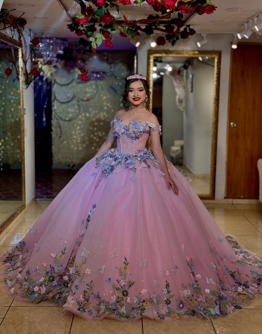 Glitter Green Floral Corset Princess Off the Shoulder Long Quinceanera Dress with Appliques